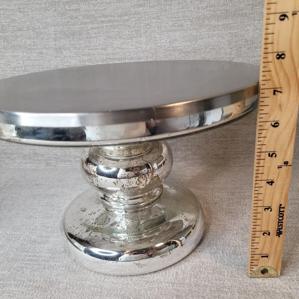 Retired Pottery Barn Mercury Glass & Stainless Pedestal Cake Stand 7